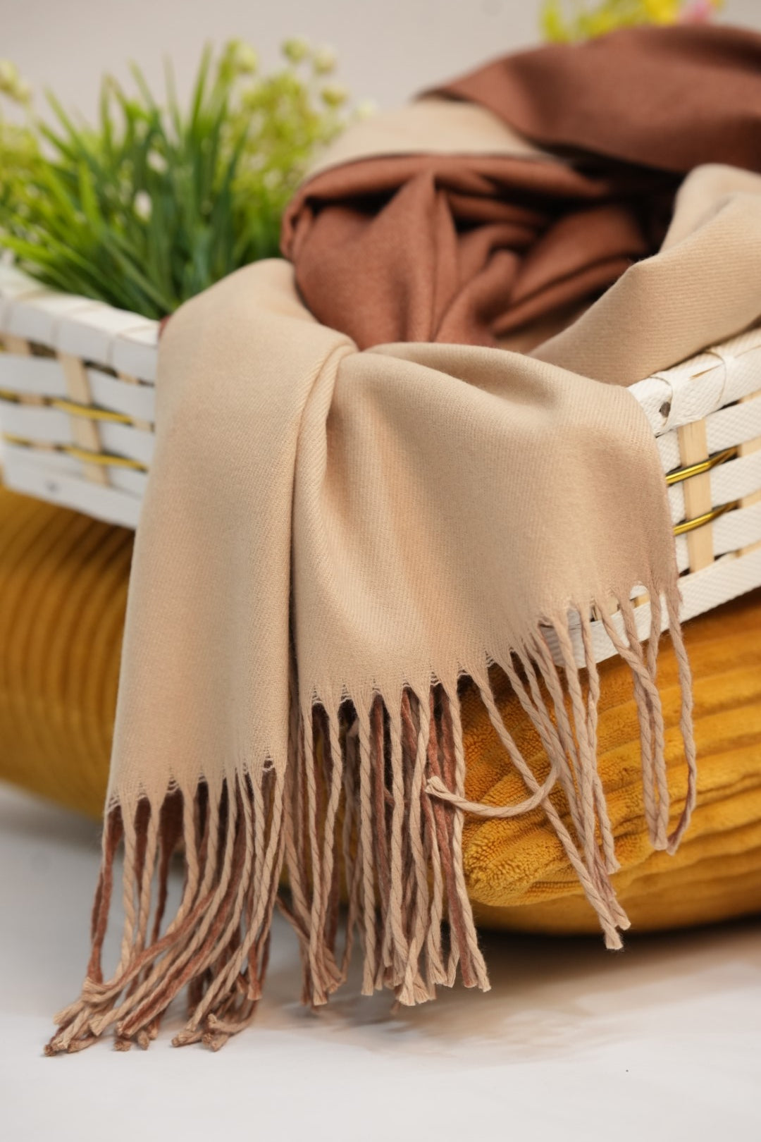 Woolen Two-Tone Scarf (Cream & Biscuit Brown)
